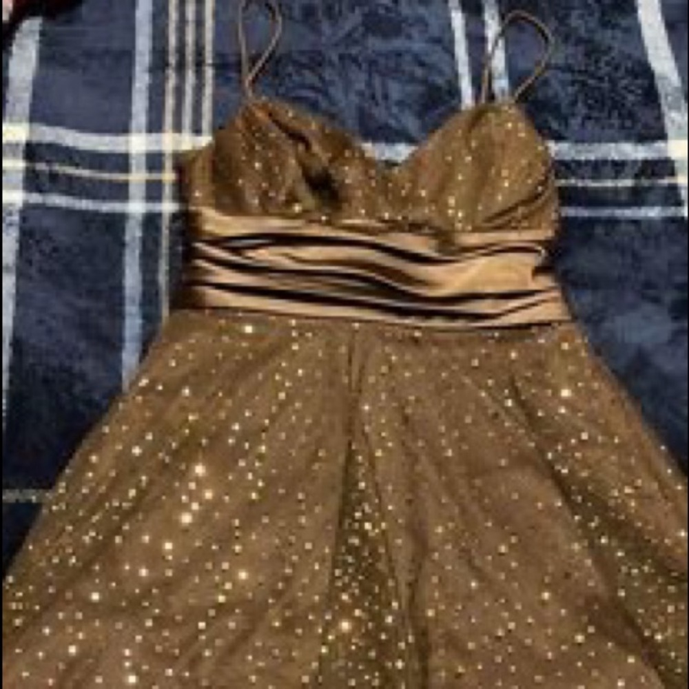 Semi formal brown mid length sparkley dress